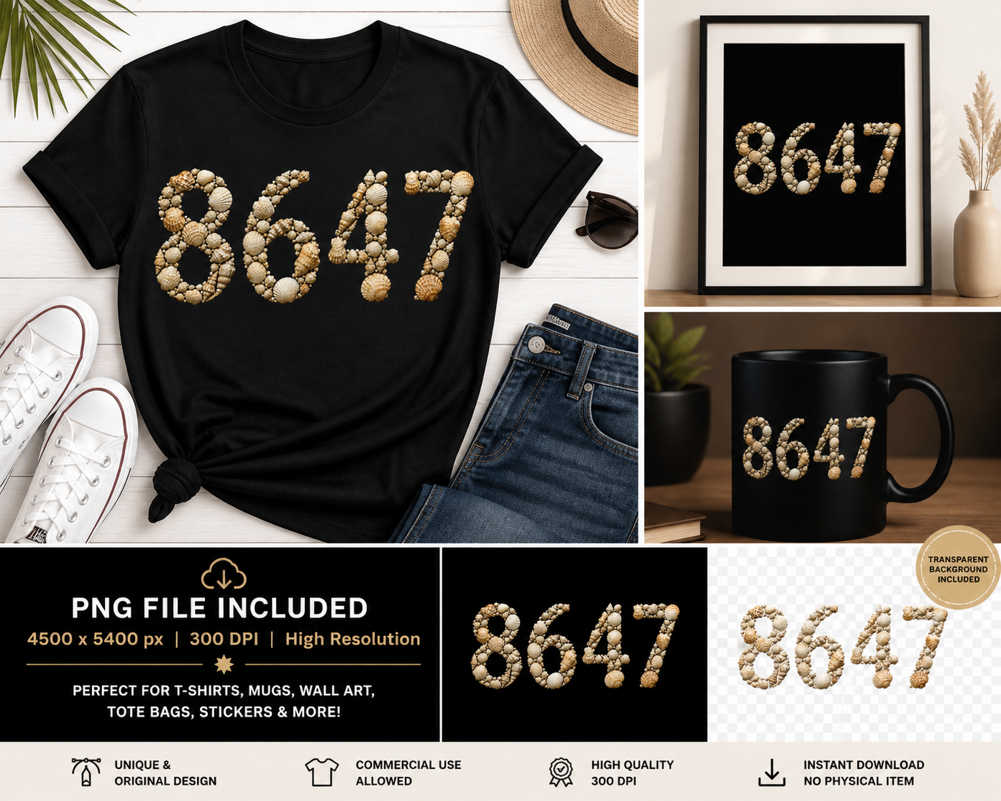 86 47 8647 PNG: Seashells Coastal Summer Beach png Ocean Aesthetic Retro Graphic (Digital Download)