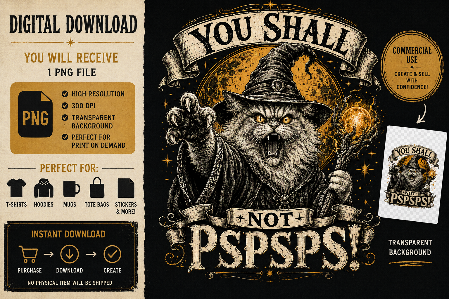 You Shall Not PSPSPS Funny Wizard Cat PNG – Fantasy Meme Digital Download